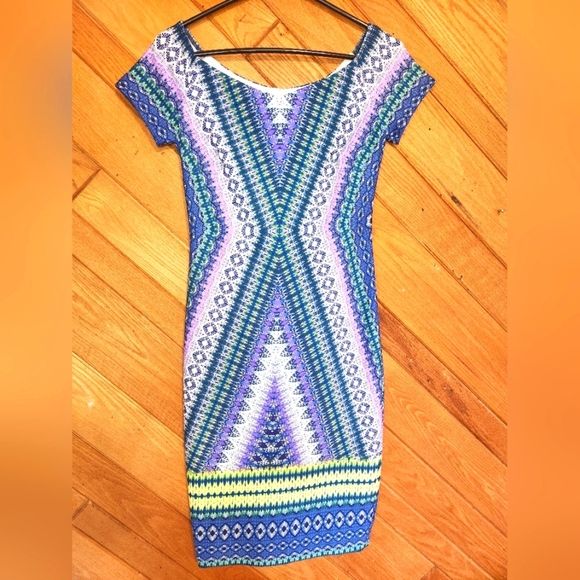 Bisou Bisou Michele Bohbot purple, green and blue boatneck bodycon dress Size 2 - Picture 1 of 10